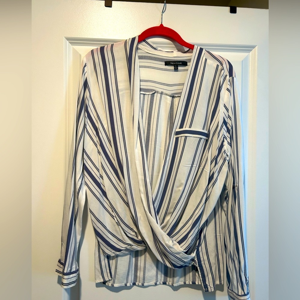 Navy & White Striped Women Top - Large
